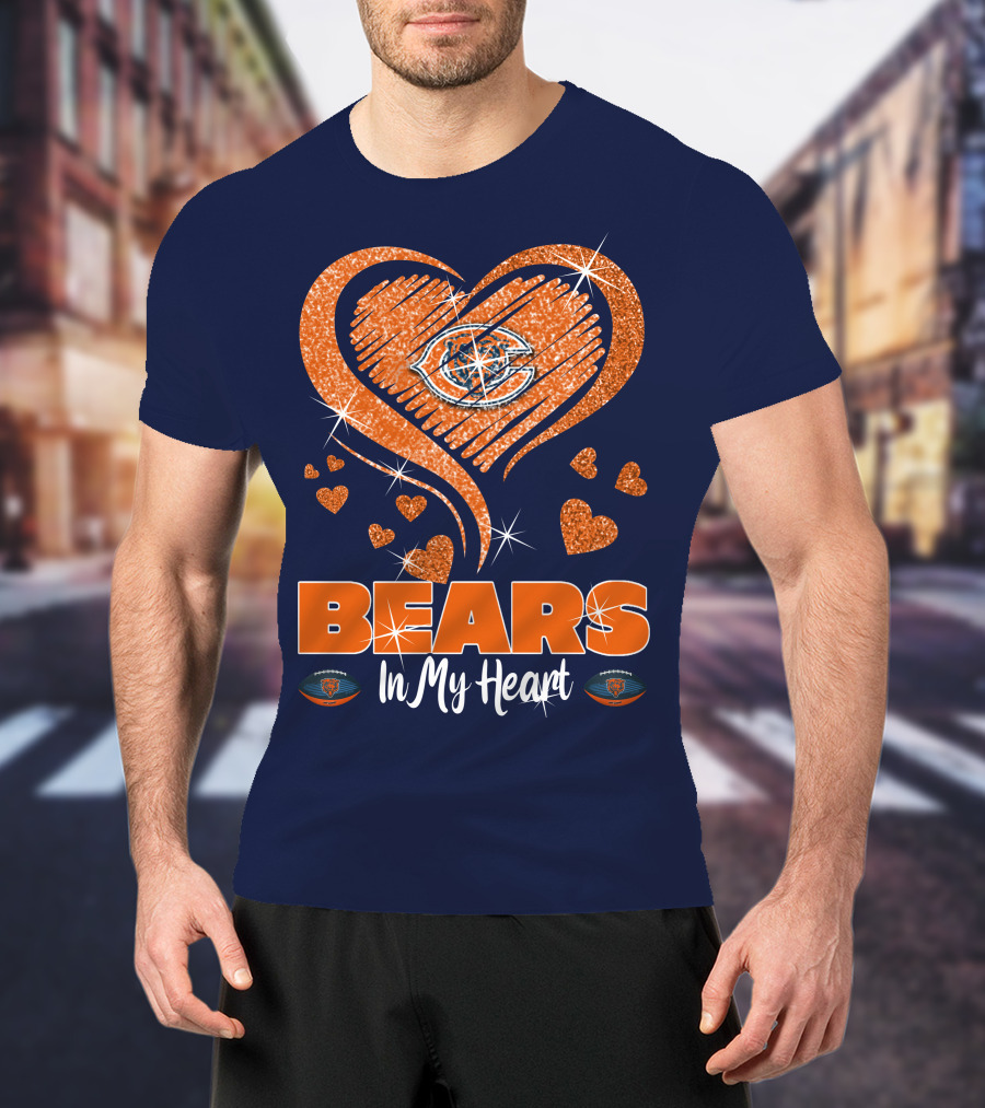 Bears In My Heart Chicago Bears Sparkling Hearts Navy Blue T-Shirt