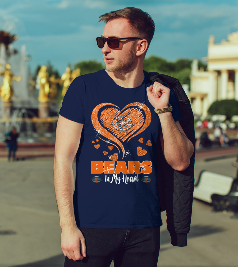 Bears In My Heart Chicago Bears Sparkling Hearts Navy Blue T-Shirt