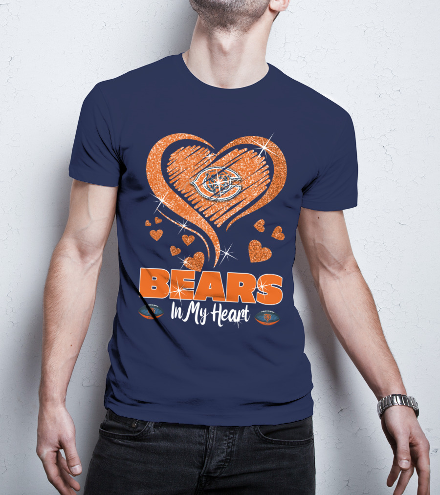 Bears In My Heart Chicago Bears Sparkling Hearts Navy Blue T-Shirt