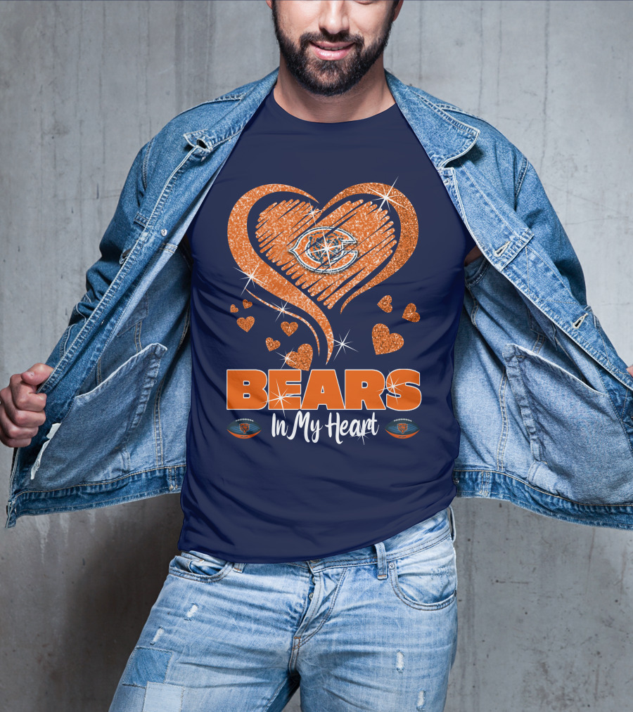 Bears In My Heart Chicago Bears Sparkling Hearts Navy Blue T-Shirt