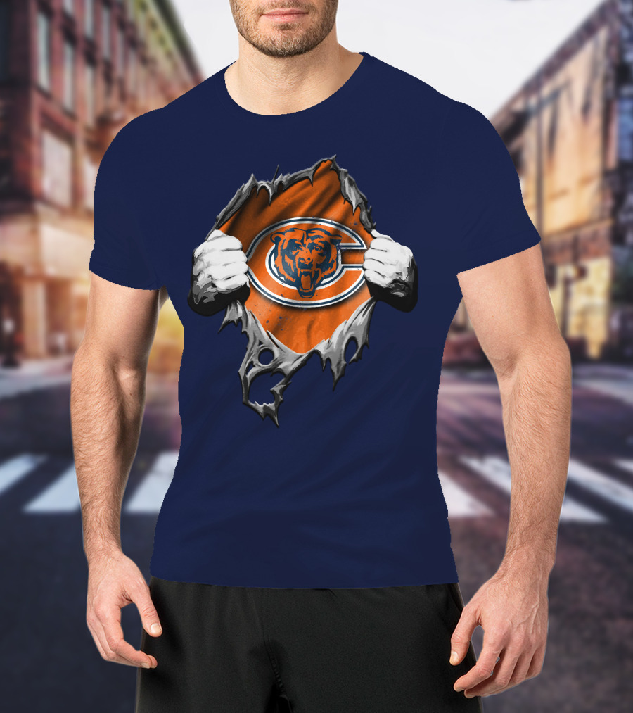 Torn Chicago Bears Emblem Revealed Through Ripped Fabric T-Shirt