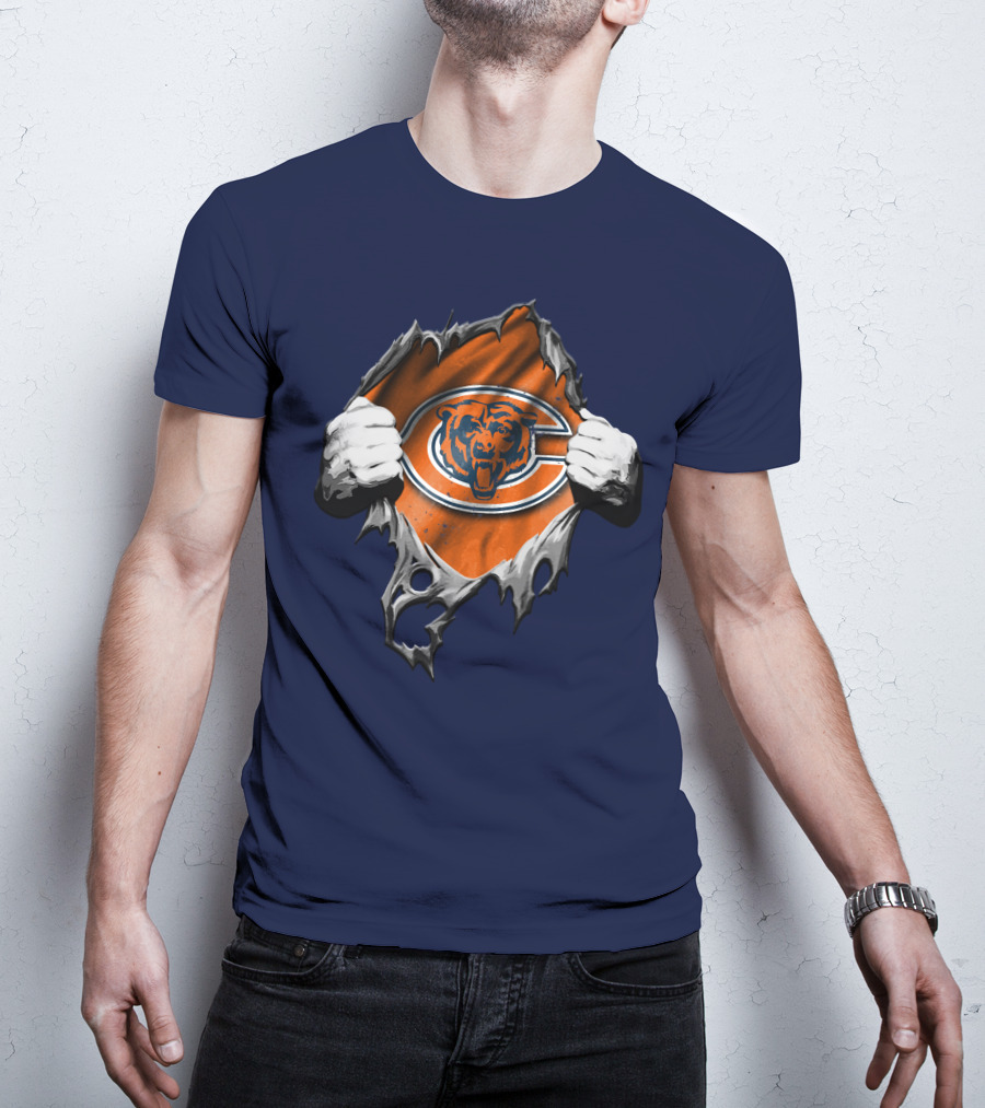 Torn Chicago Bears Emblem Revealed Through Ripped Fabric T-Shirt