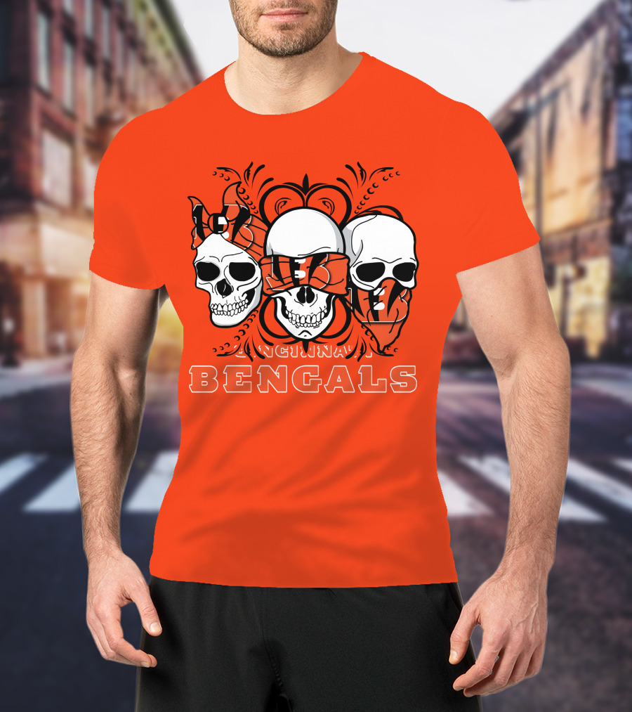 Cincinnati Bengals 3 Skull Motif T-Shirt
