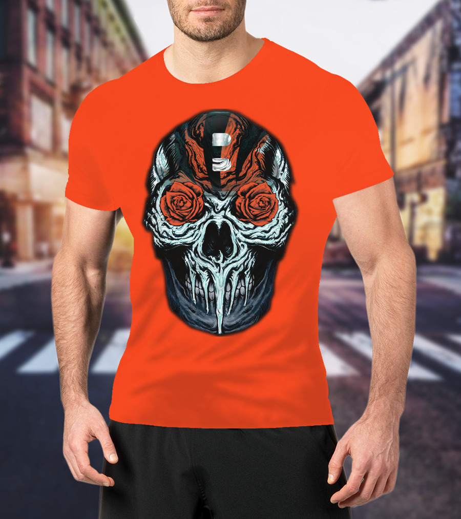 Cincinnati Bengals 34 Skull Helmet With Roses T-Shirt