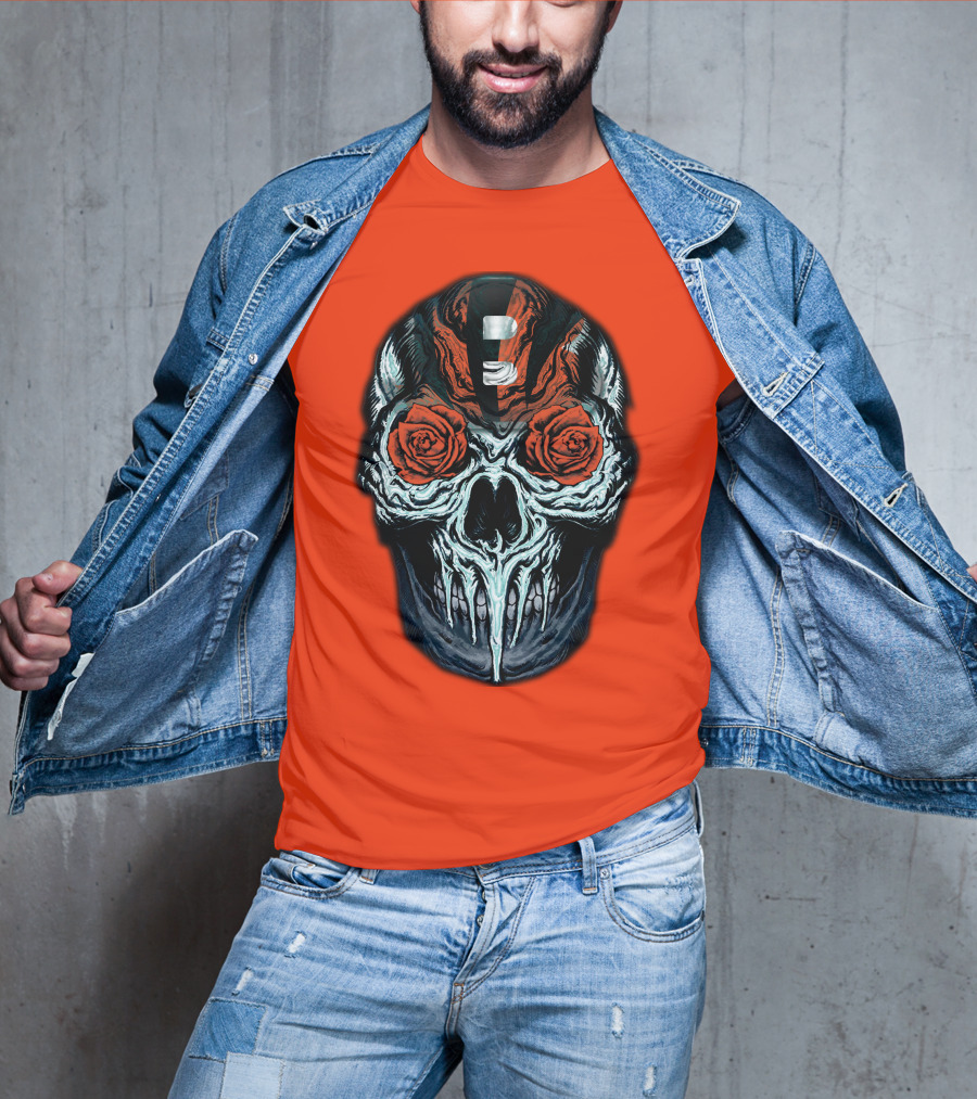 Cincinnati Bengals 34 Skull Helmet With Roses T-Shirt