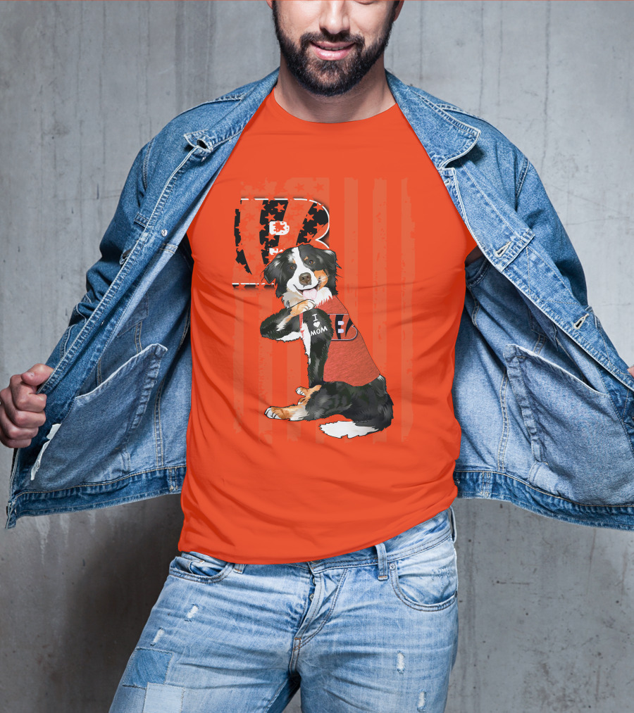 Border Collie I Love Mom Cincinnati Bengals B Retro American Flag T-Shirt