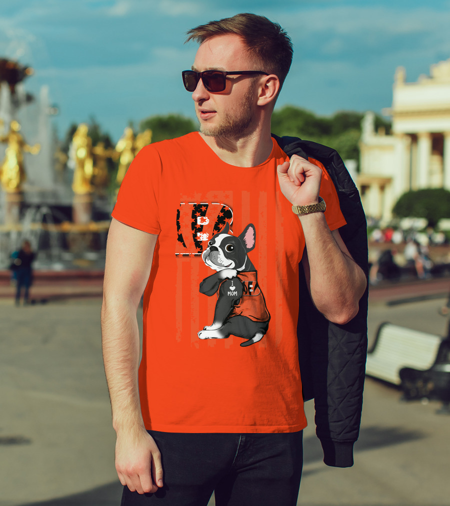 Boston Terrier Cincinnati Bengals B Stripes I Love Mom Football Fan Dog T-Shirt