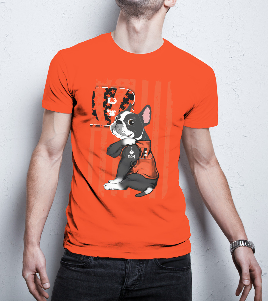 Boston Terrier Cincinnati Bengals B Stripes I Love Mom Football Fan Dog T-Shirt