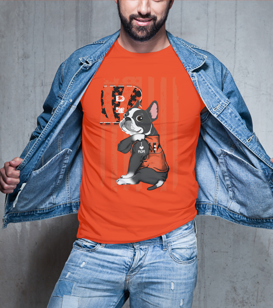 Boston Terrier Cincinnati Bengals B Stripes I Love Mom Football Fan Dog T-Shirt