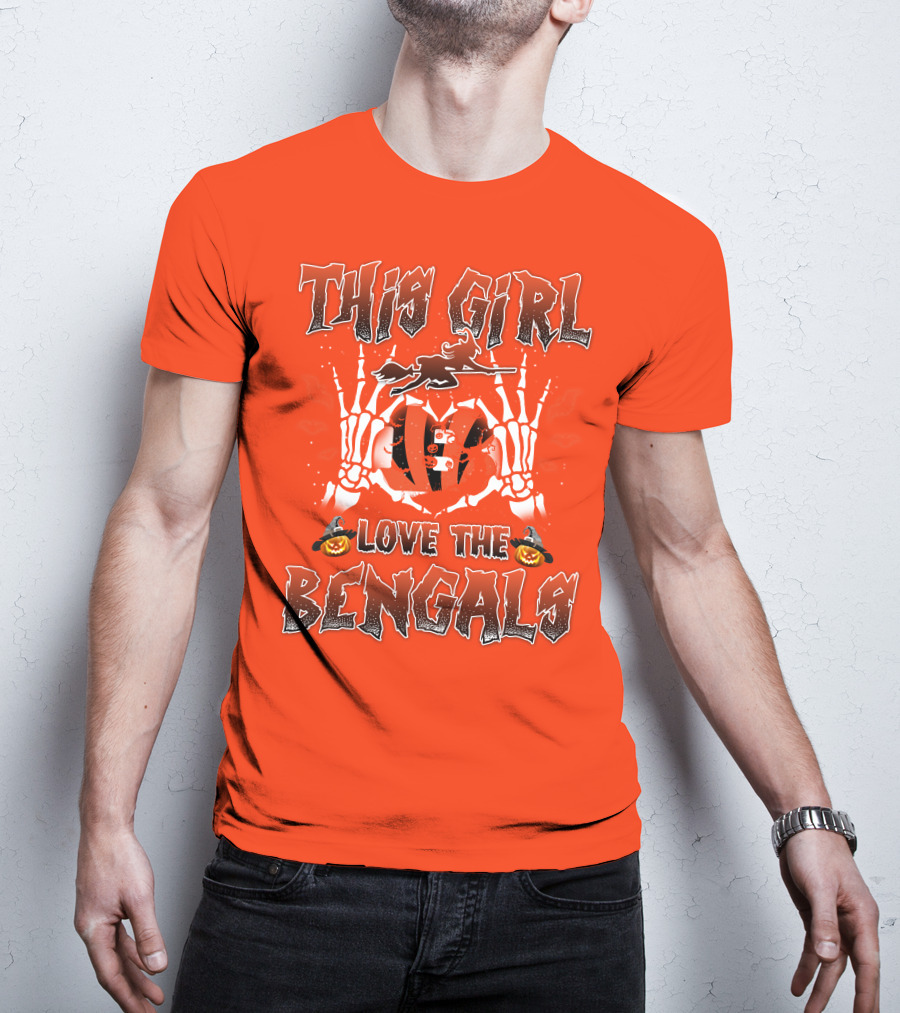 This Girl Love The Bengals Halloween Skeleton Hands And Pumpkins T-Shirt