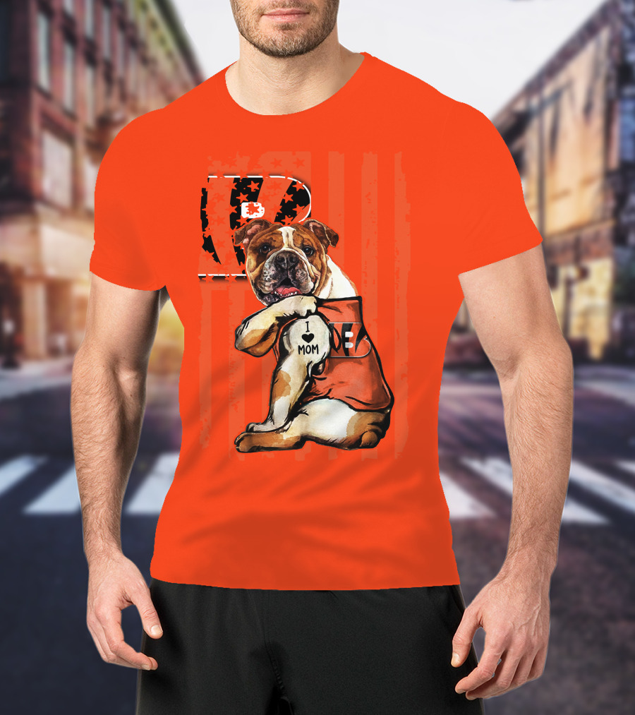 Bulldog Cincinnati Bengals I Love Mom Orange Stripes T-Shirt