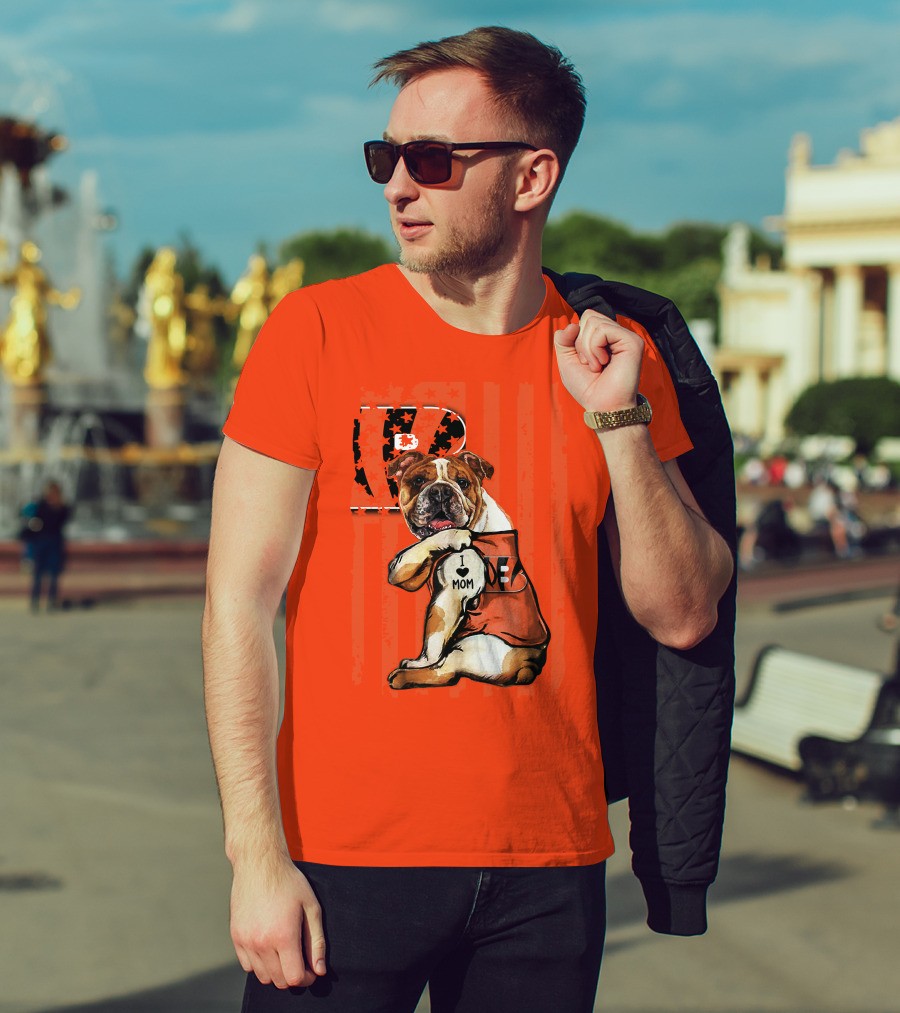 Bulldog Cincinnati Bengals I Love Mom Orange Stripes T-Shirt