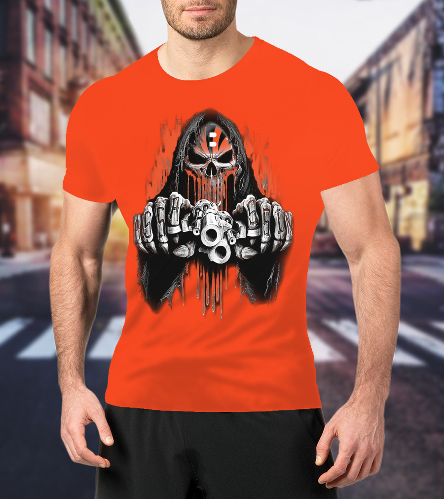 Cincinnati Bengals 41 Skeleton Skull With Guns T-Shirt