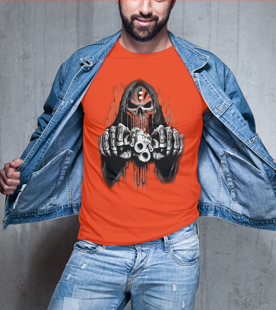Cincinnati Bengals 41 Skeleton Skull With Guns T-Shirt