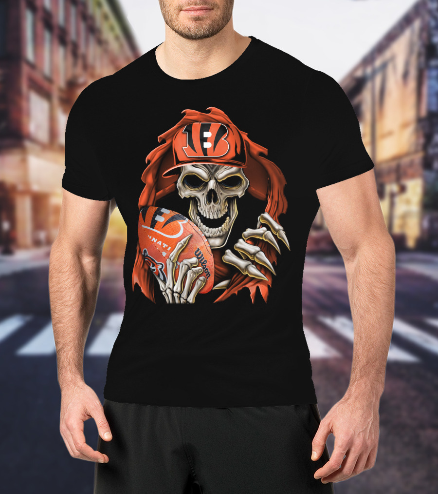 Skullbong Cincinnati Bengals Skeleton Holding Wilson Football With Team Logo In Hat And Cape T-Shirt