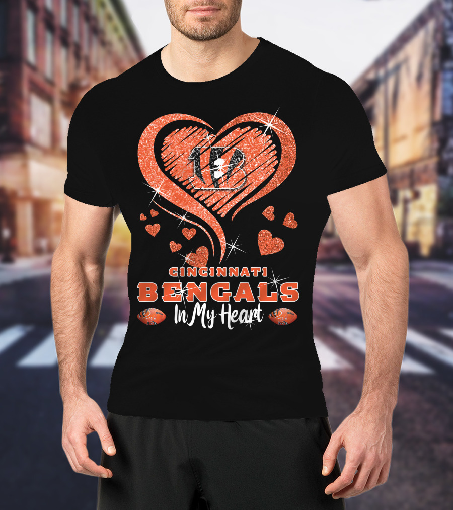 Cincinnati Bengals In My Heart Sparkling Heart Design With Glitter And Football Elements T-Shirt