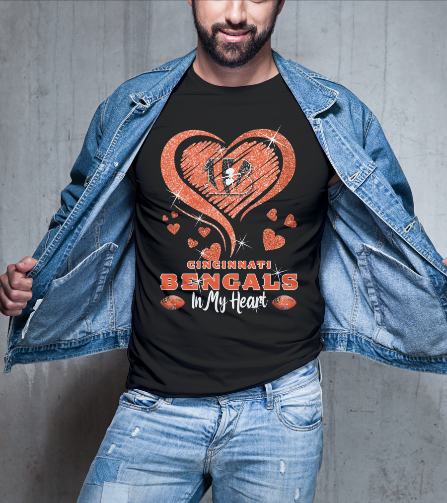 Cincinnati Bengals In My Heart Sparkling Heart Design With Glitter And Football Elements T-Shirt