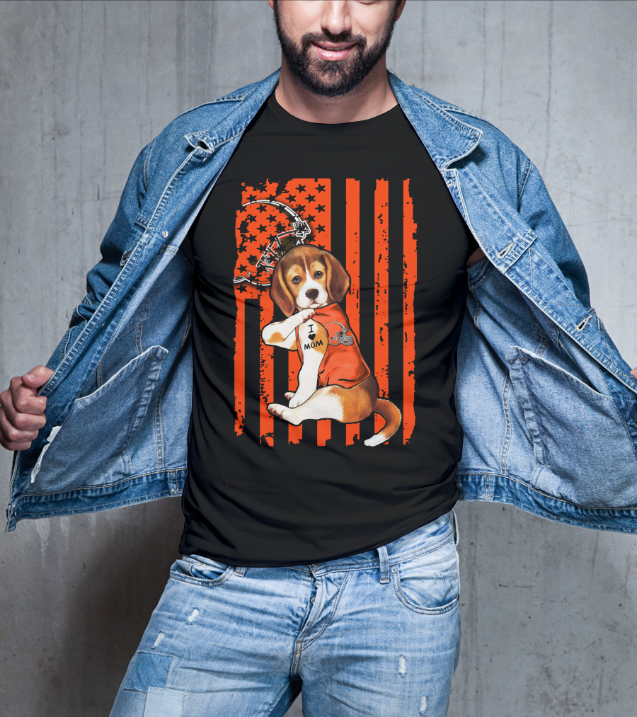Beagle Cleveland Browns I Mom Retro Football Helmet And Stars T-Shirt