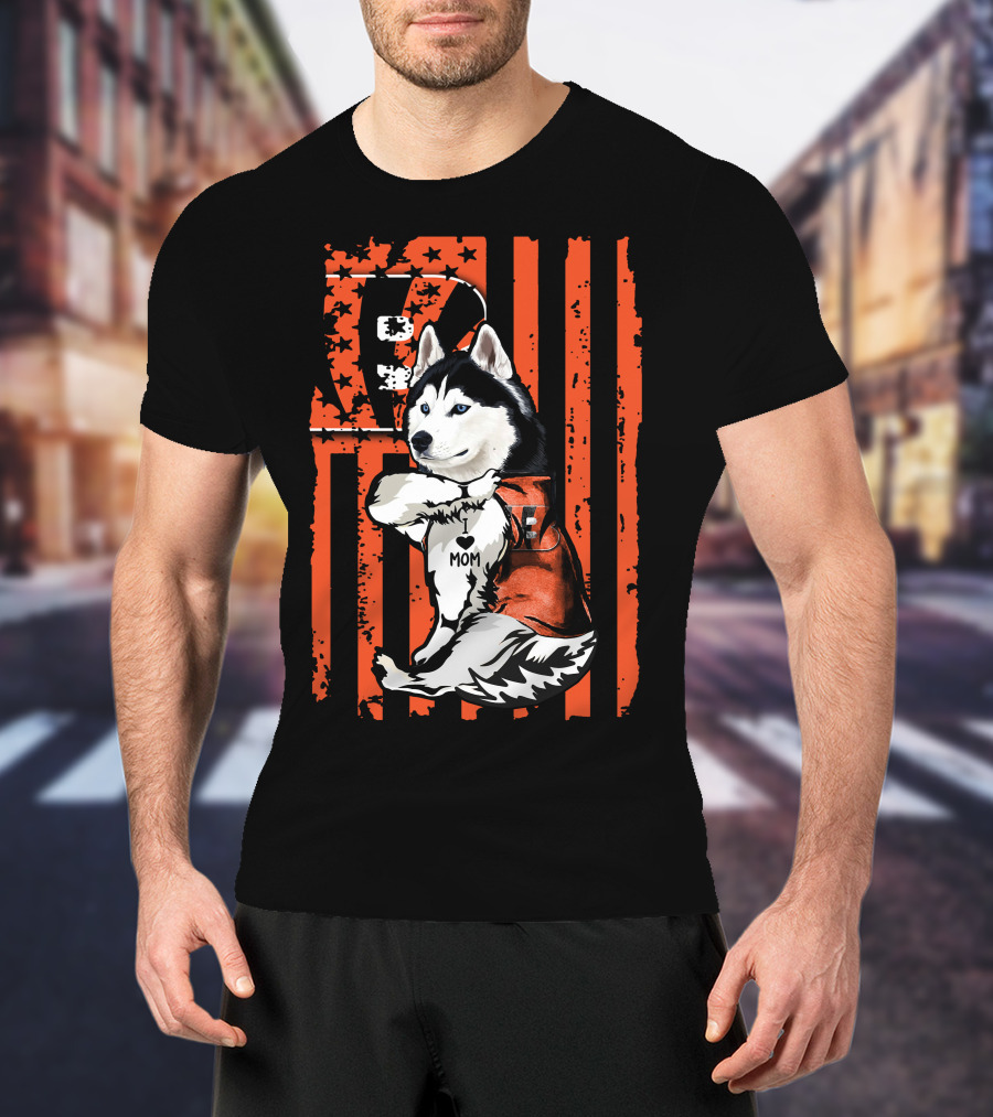 Siberian Husky In Cincinnati Bengals Jersey With I Heart Mom Tattoo On American Flag Background T-Shirt