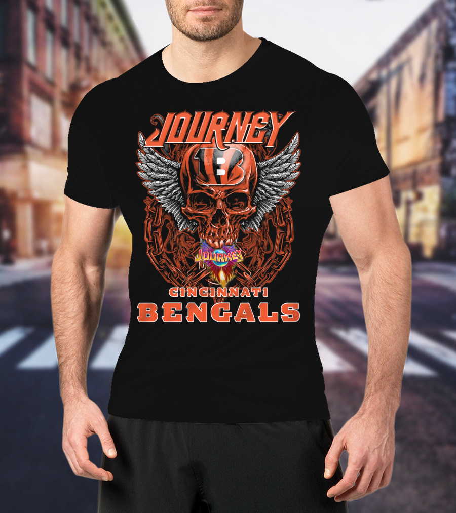 JOURNEY CINCINNATI BENGALS Skull Helmet Wings Chains Flame T-Shirt