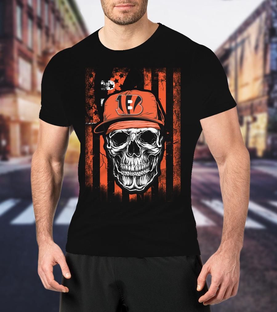 Skull Cincinnati Bengals Logo Hat With Stripes Background T-Shirt