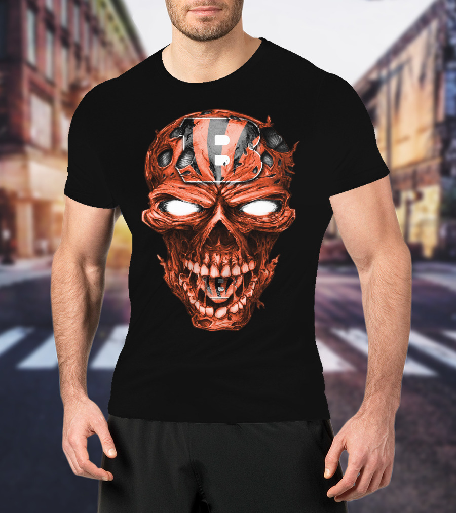 Cincinnati Bengals Skull Emblem With Team Helmet T-Shirt