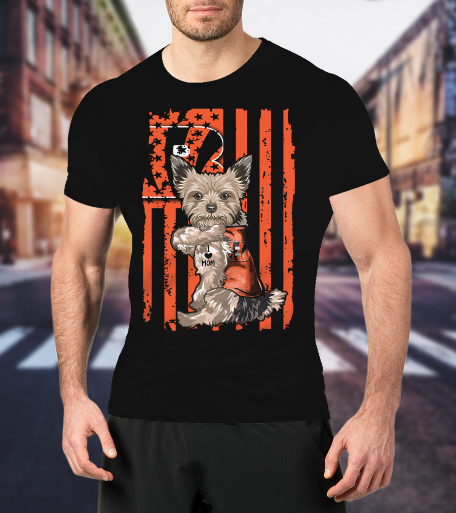 Yorkshire Terrier I Love Mom Cincinnati Bengals Stripes T-Shirt