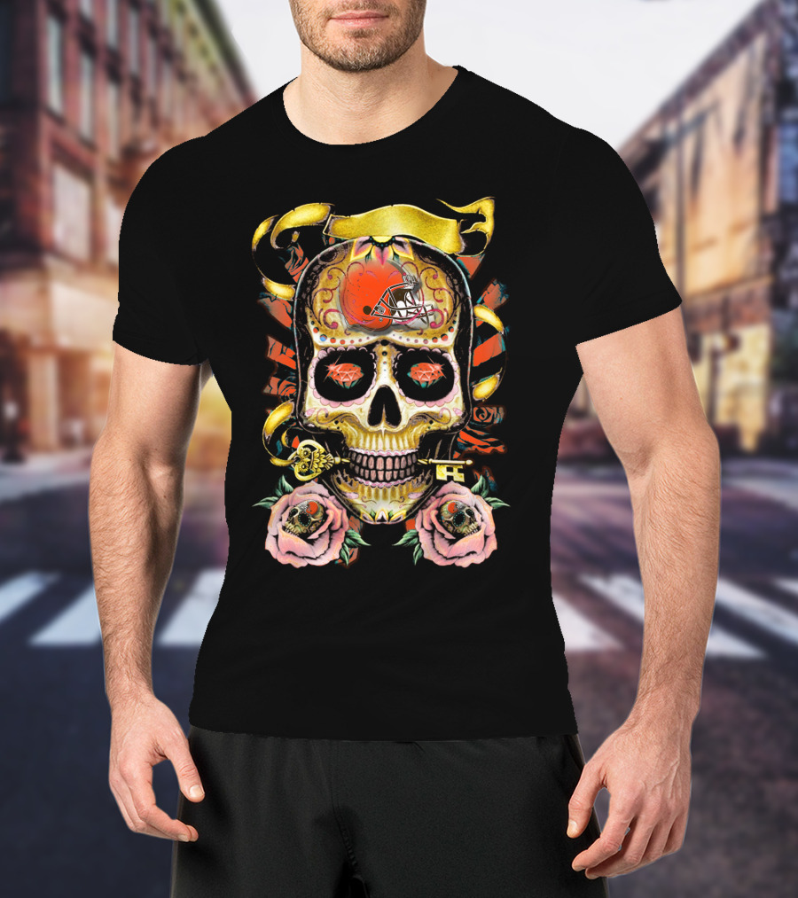 Cleveland Browns Sugar Skull Helmet Roses T-Shirt