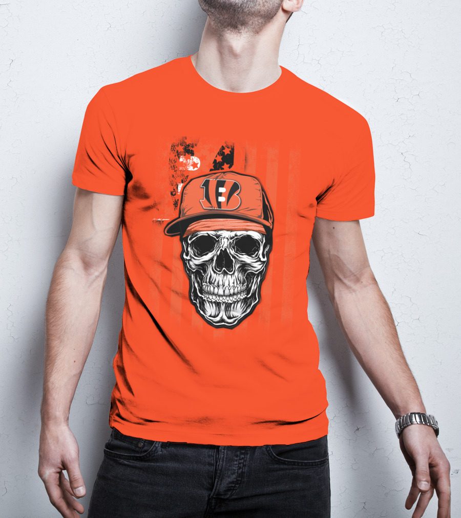 Skull V1 Cincinnati Bengals Hat American Flag Stripes T-Shirt