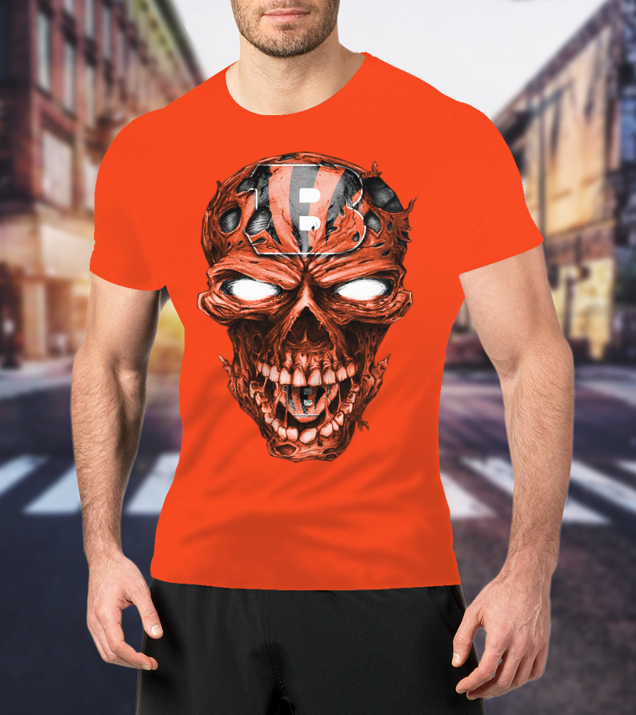 Cincinnati Bengals Skull V2 Creepy Horror Fan Gear T-Shirt