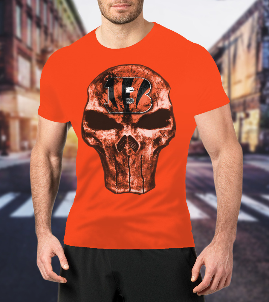 Skull Cincinnati Bengals Logo On Bold Orange T-Shirt