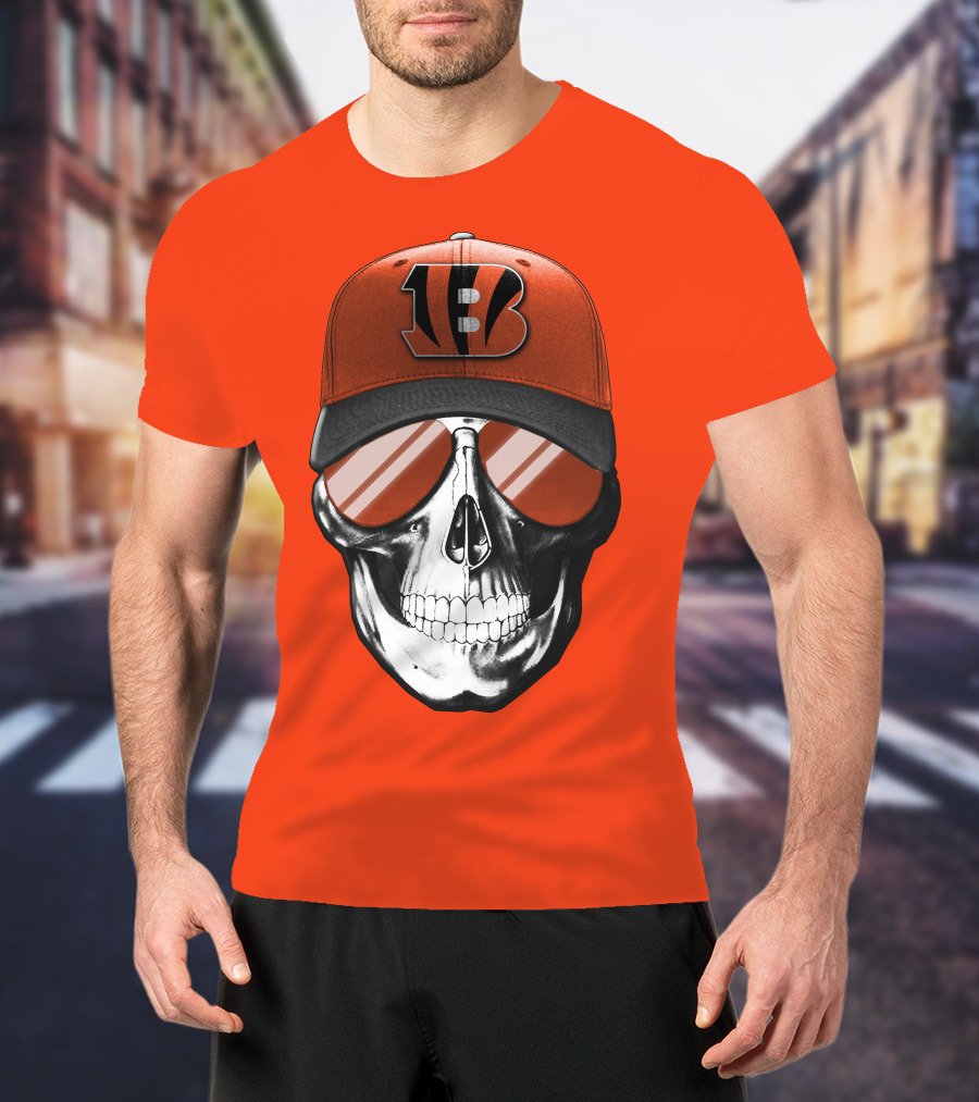 Cincinnati Bengals Skull With Team Logo Hat And Sunglasses T-Shirt
