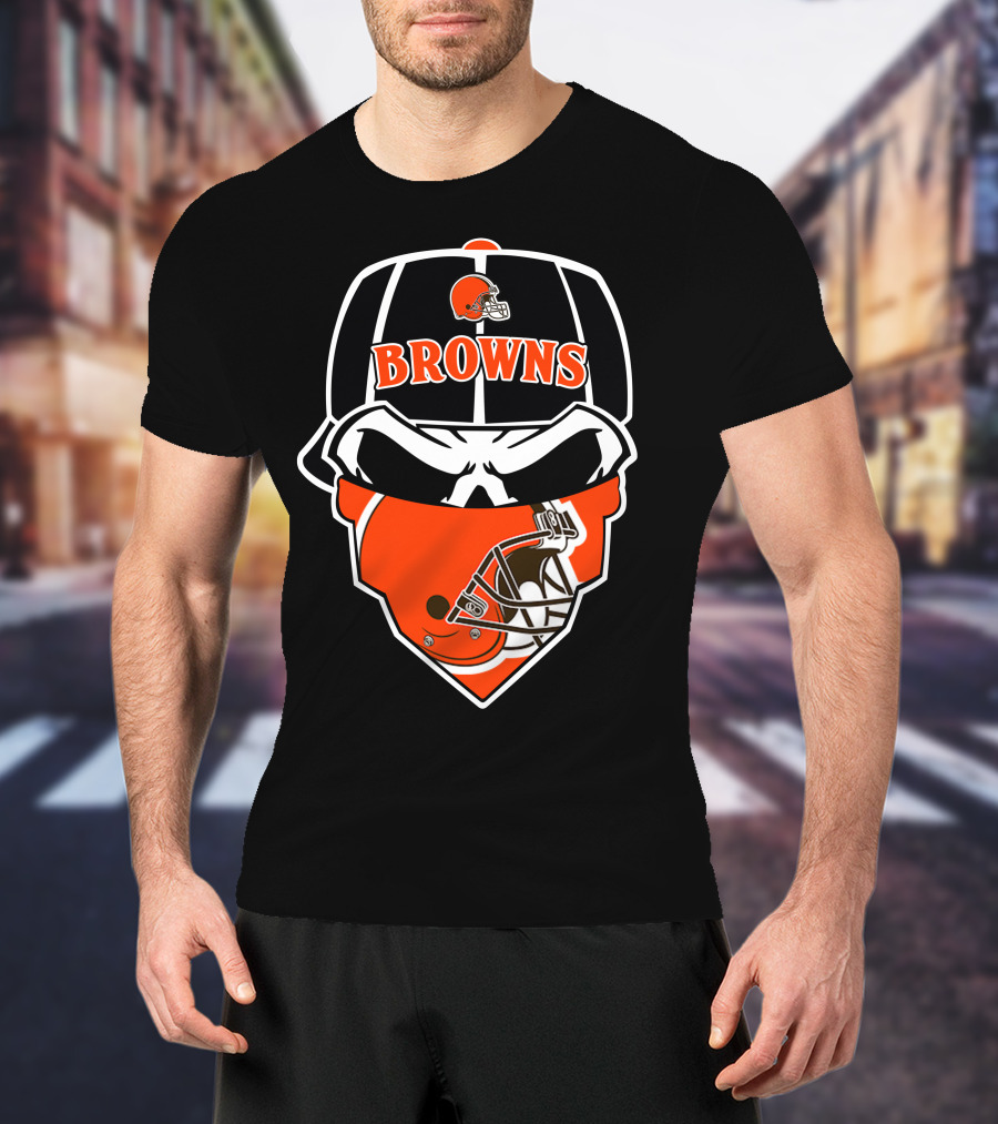 Browns Helmet Skull Mask With Football Theme T-Shirt