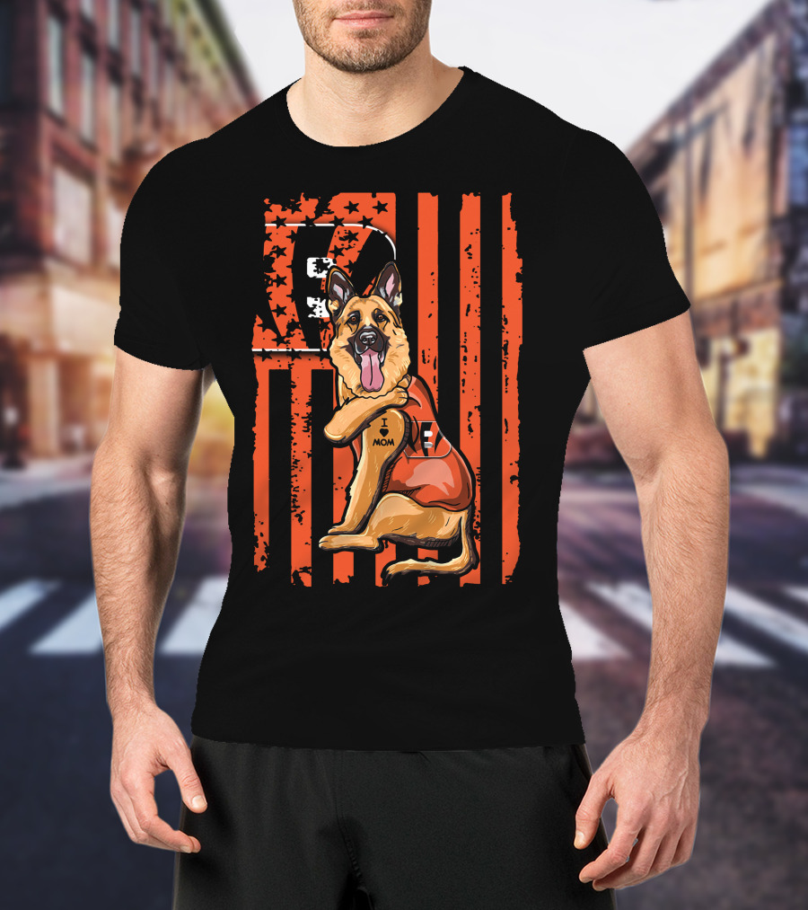 German Shepherd I Love Mom Cincinnati Bengals American Flag T-Shirt