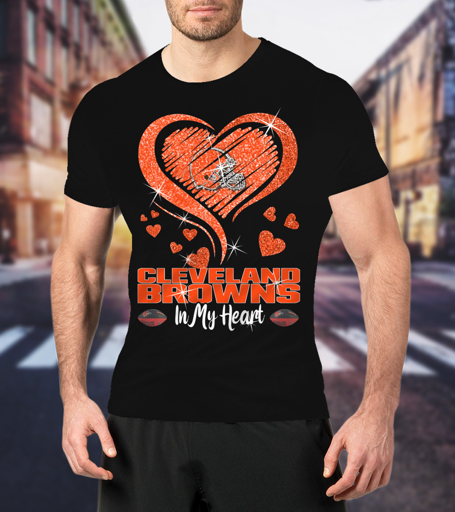 CLEVELAND BROWNS In My Heart Sparkling Helmet And Hearts T-Shirt