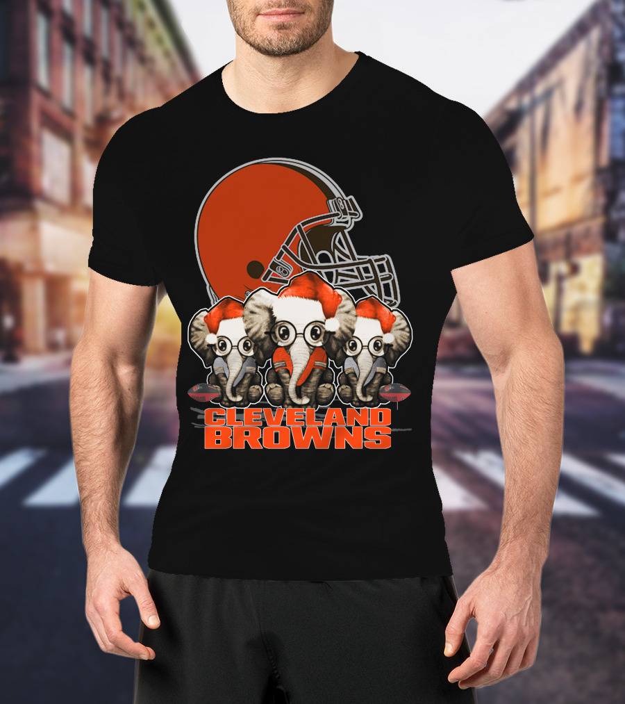 Cleveland Browns Christmas Elephants With Santa Hats T-Shirt