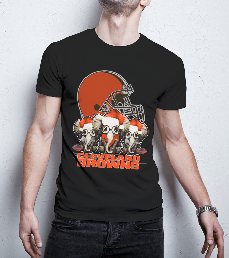 Cleveland Browns Christmas Elephants With Santa Hats T-Shirt