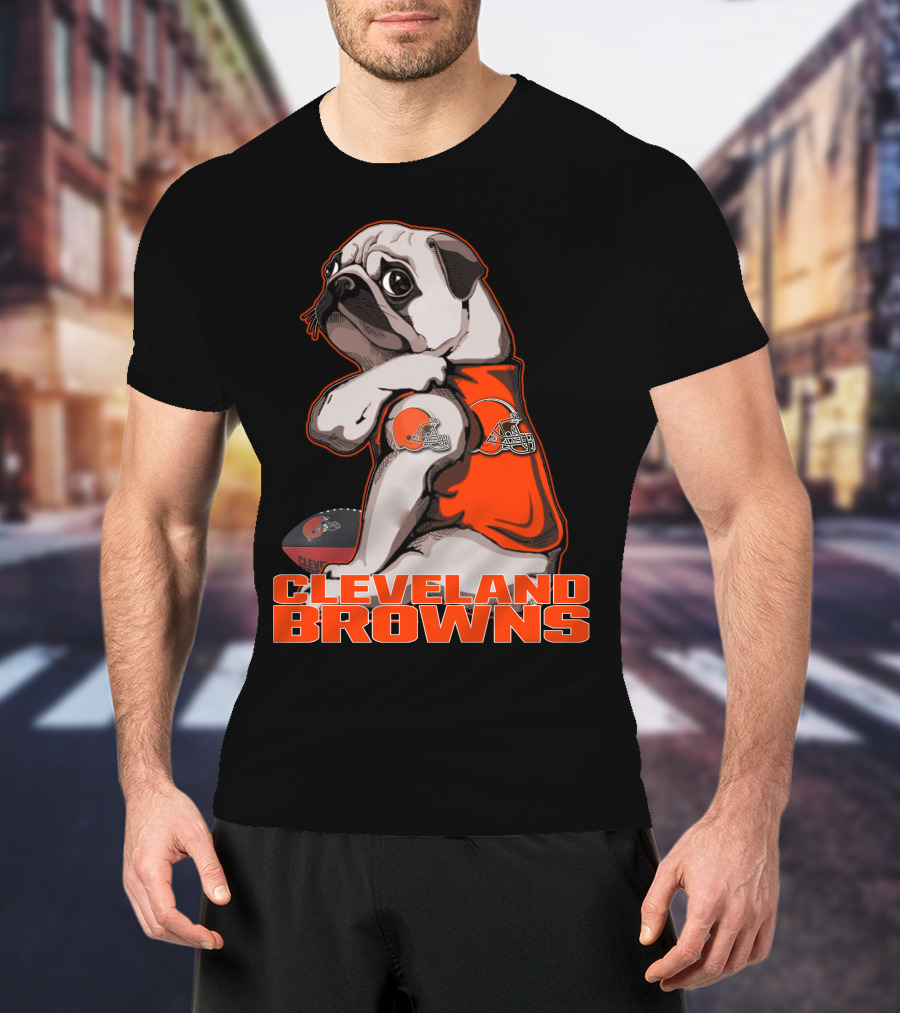 Cleveland Browns Pug In Orange Jersey With Football And Helmet T-Shirt