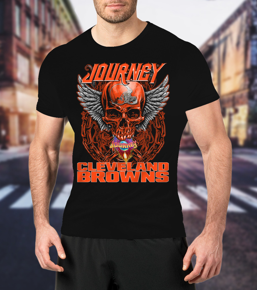 JOURNEY Winged Flaming Skull CLEVELAND BROWNS Football Helmet T-Shirt