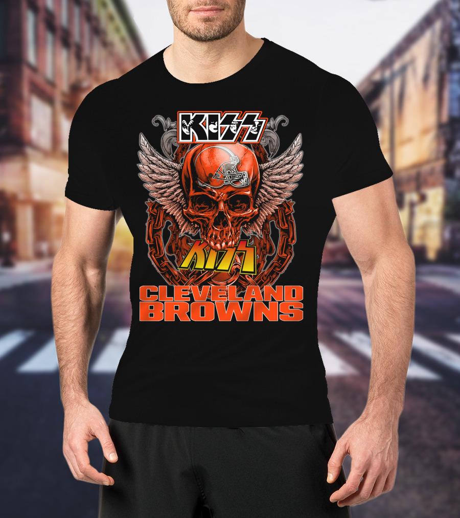 Kiss Cleveland Browns Skull Helmet Wings Chains T-Shirt