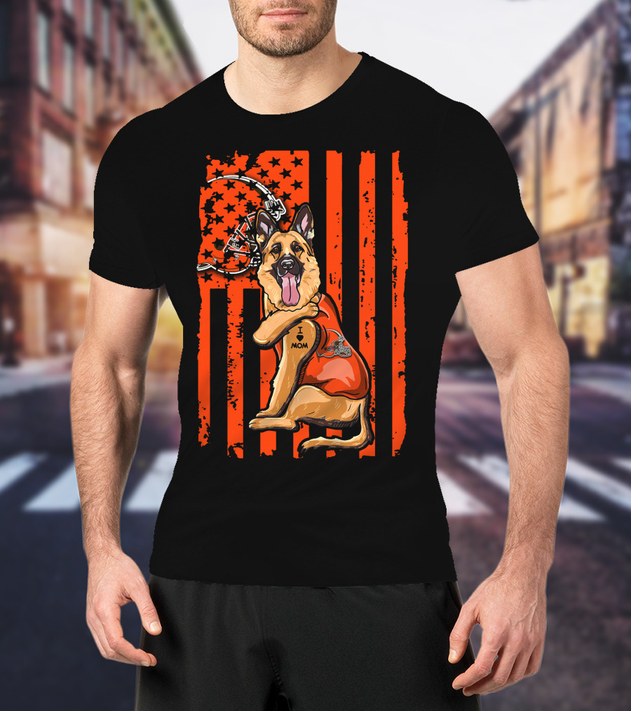 Cleveland Browns German Shepherd Dog And Football Helmet With Orange Flag Background T-Shirt