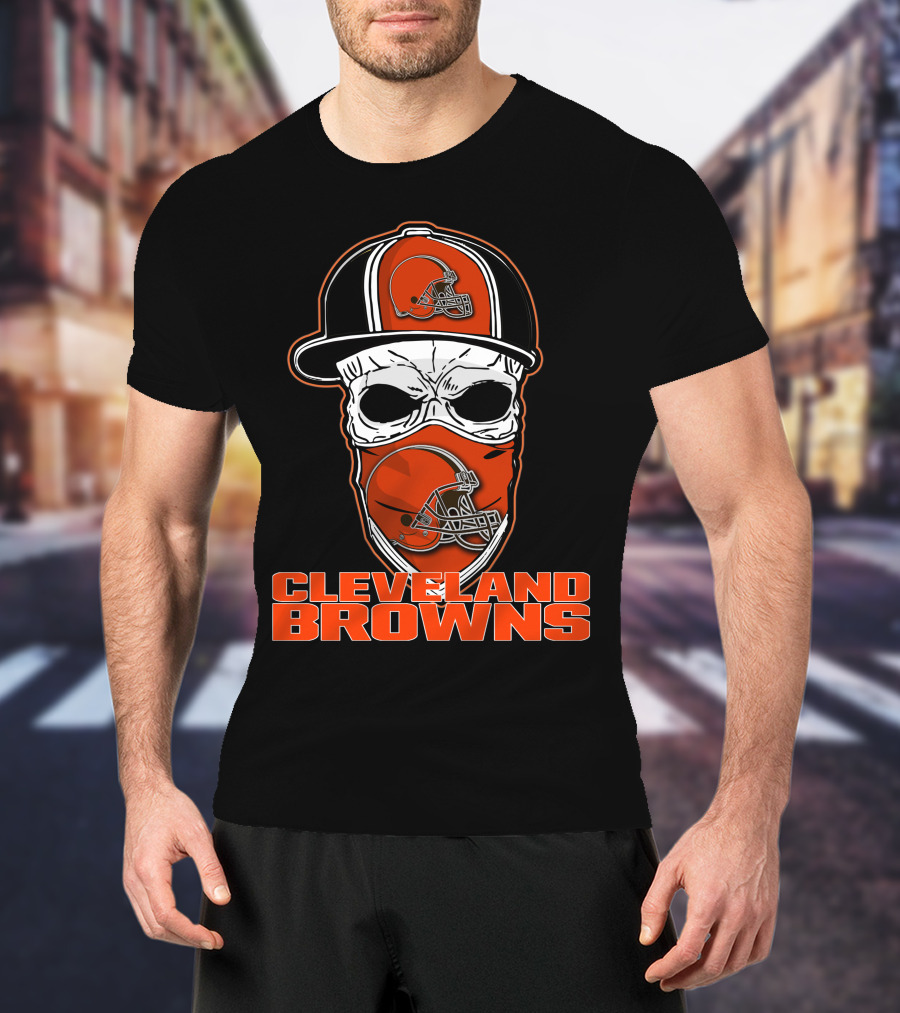 Cleveland Browns Skull With Helmet Hat And Face Mask T-Shirt