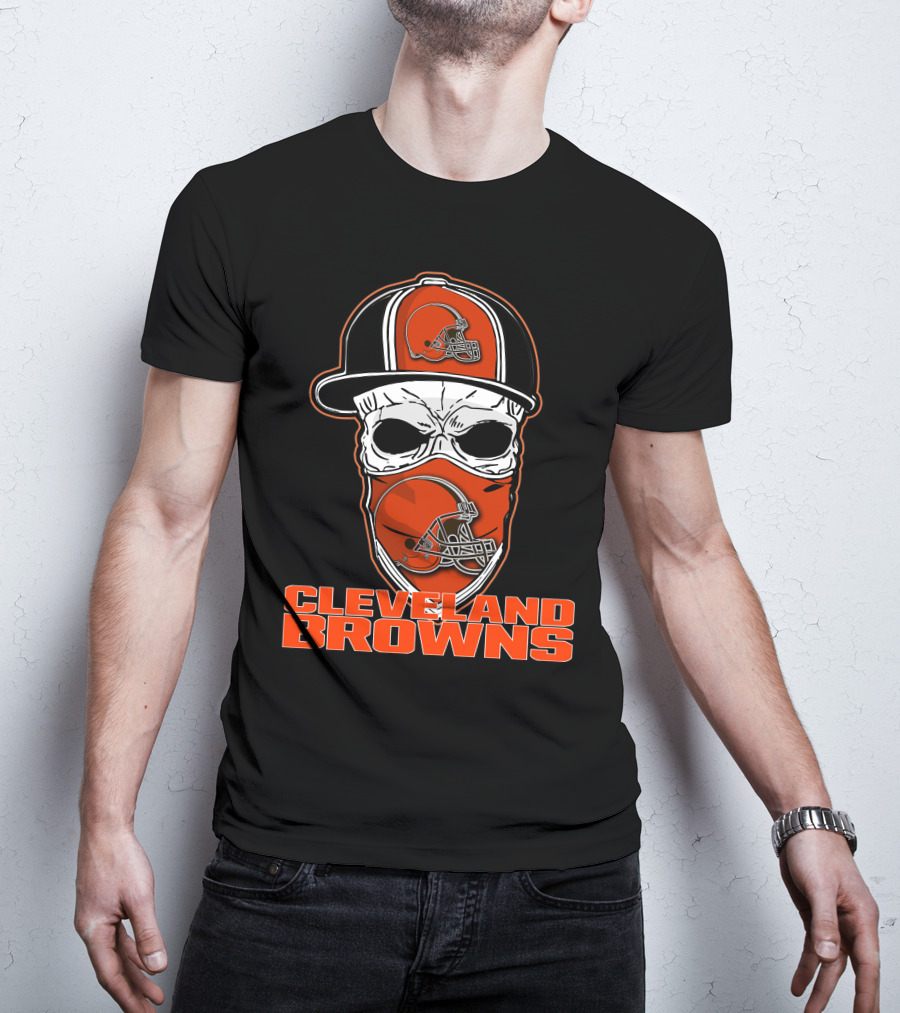 Cleveland Browns Skull With Helmet Hat And Face Mask T-Shirt