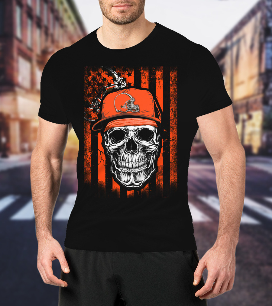 Skull In Cleveland Browns Helmet With Orange And Black Stripes T-Shirt