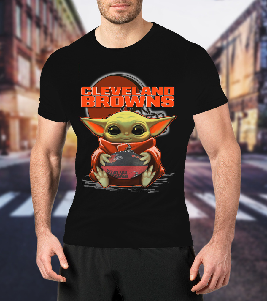 Yoda Cleveland Browns Football Holding Baby Yoda Fan T-Shirt