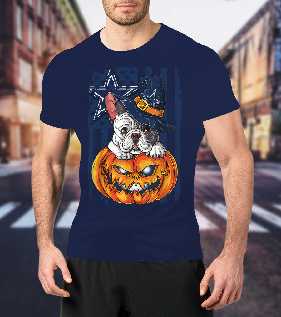 Hlw Bulldog Halloween Dallas Cowboys Pumpkin Wizard Hat T-Shirt