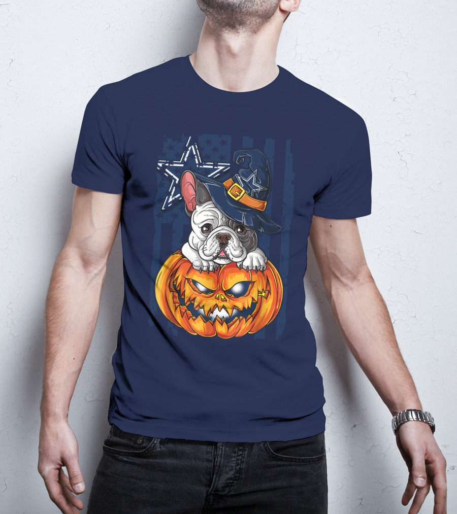 Hlw Bulldog Halloween Dallas Cowboys Pumpkin Wizard Hat T-Shirt