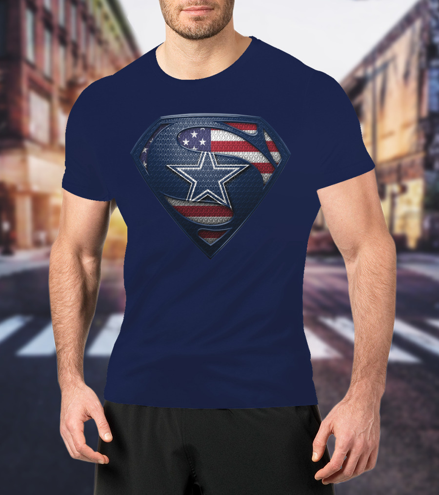 Spm DALLAS COWBOYS Superman Shield American Flag Star T-Shirt