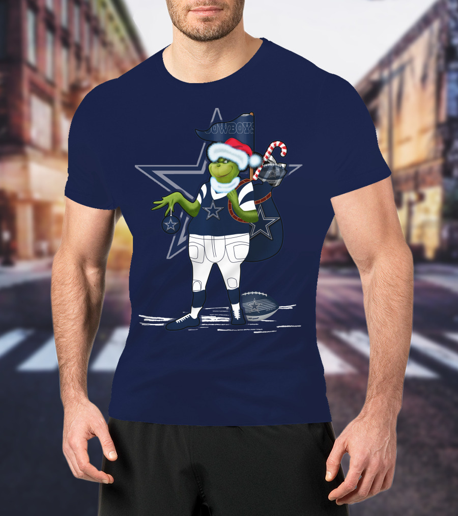 Grinchxmas Dallas Cowboys Holiday Cheer With Starry Football Twist T-Shirt