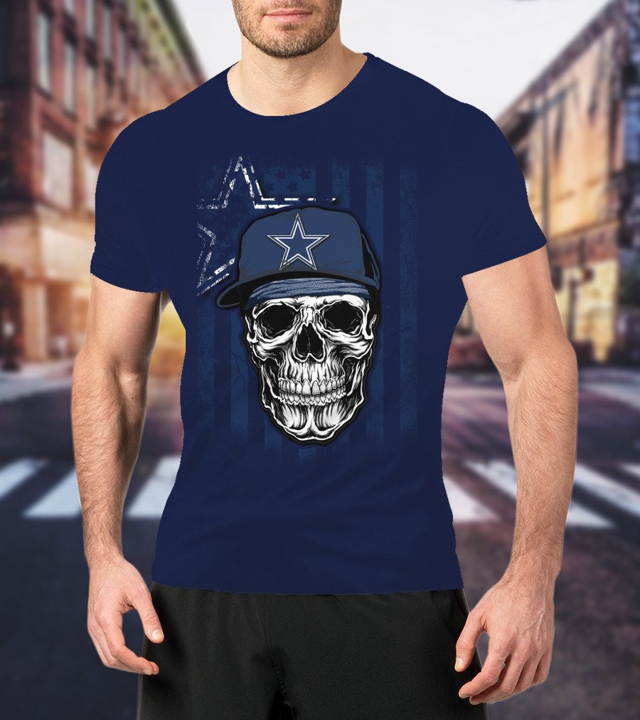 Skull Dallas Cowboys Star Cap With Stripes Background T-Shirt